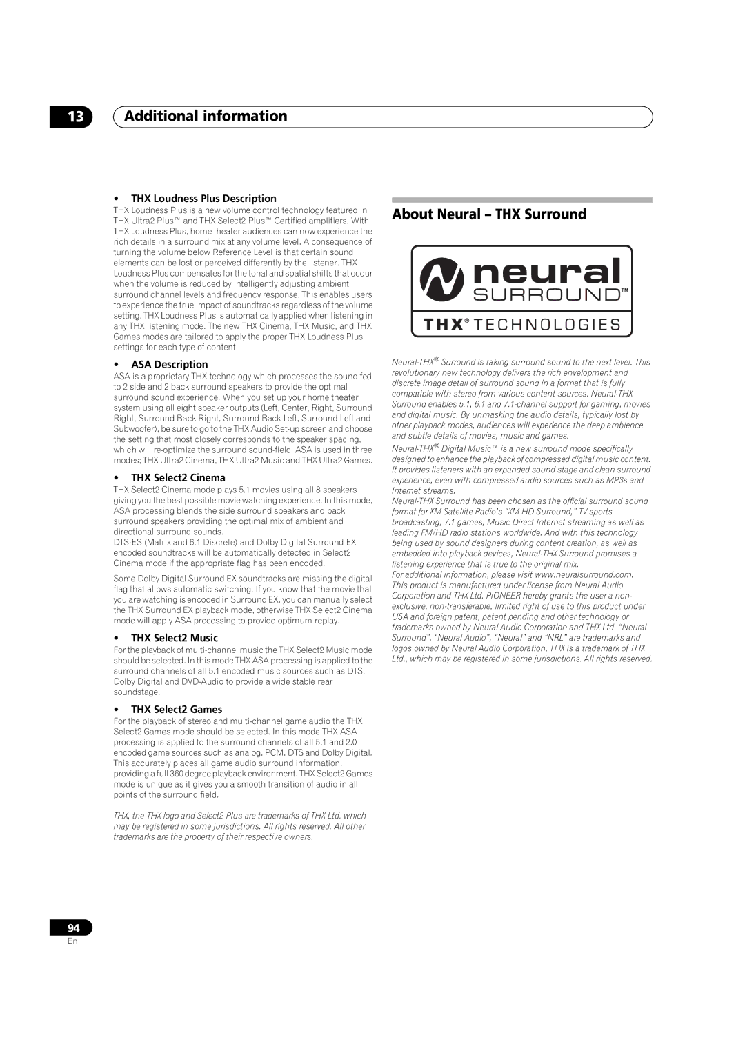 Pioneer VSX-01TXH manual About Neural THX Surround 