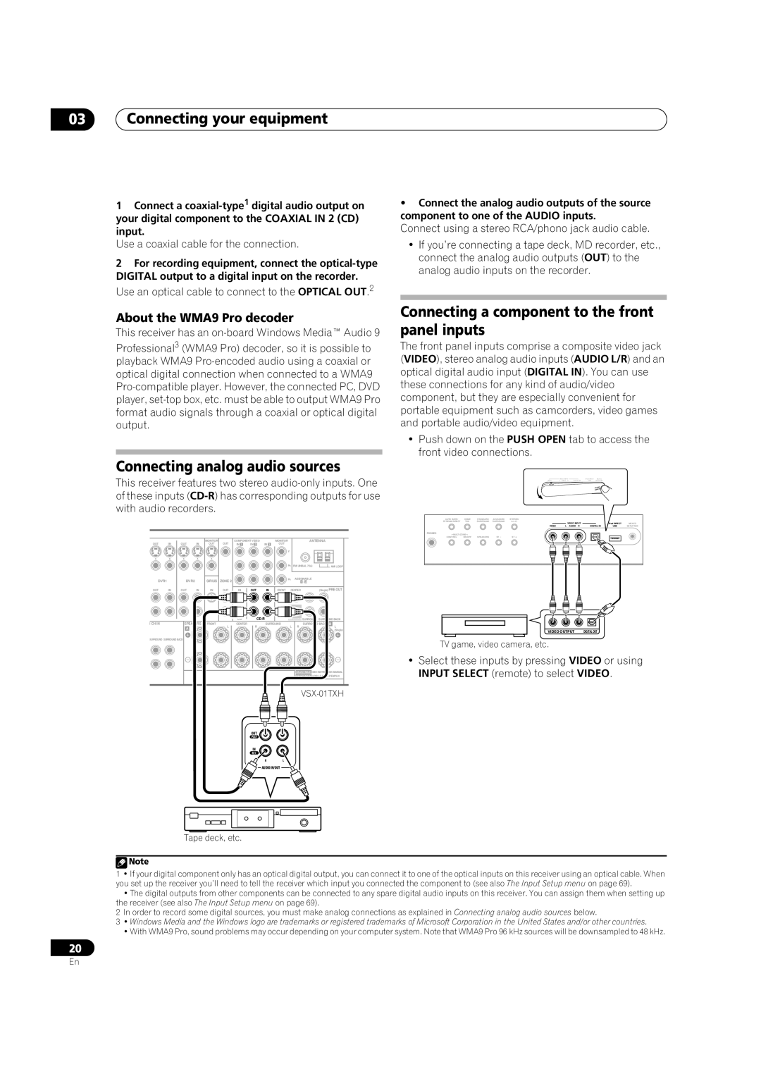 Pioneer VSX-01TXH manual Connecting analog audio sources, Connecting a component to the front panel inputs 
