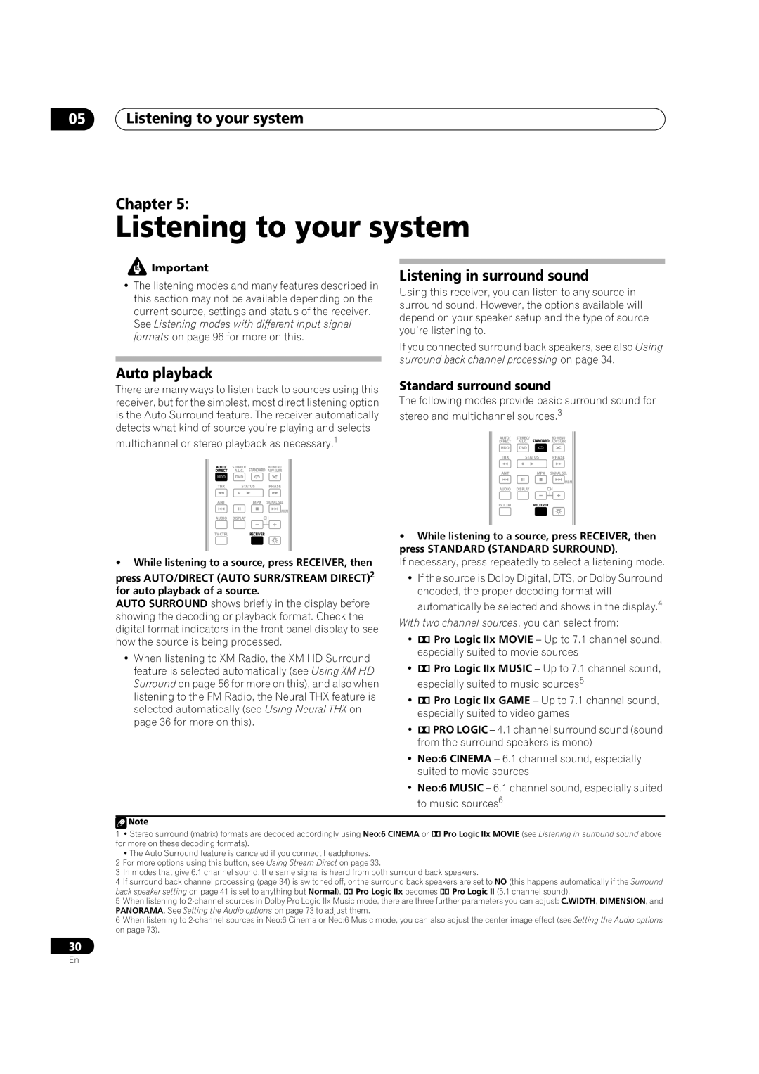 Pioneer VSX-01TXH manual 05Listening to your system Chapter, Listening in surround sound, Auto playback 