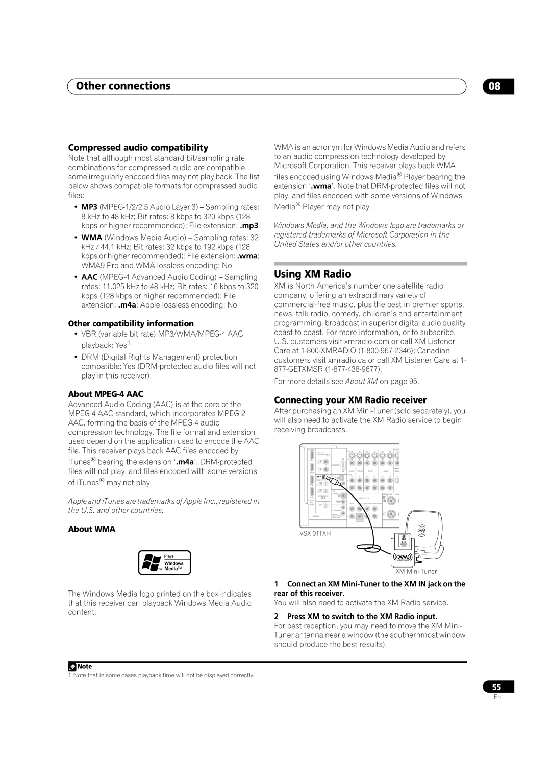 Pioneer VSX-01TXH manual Using XM Radio, Compressed audio compatibility, Connecting your XM Radio receiver, About MPEG-4AAC 