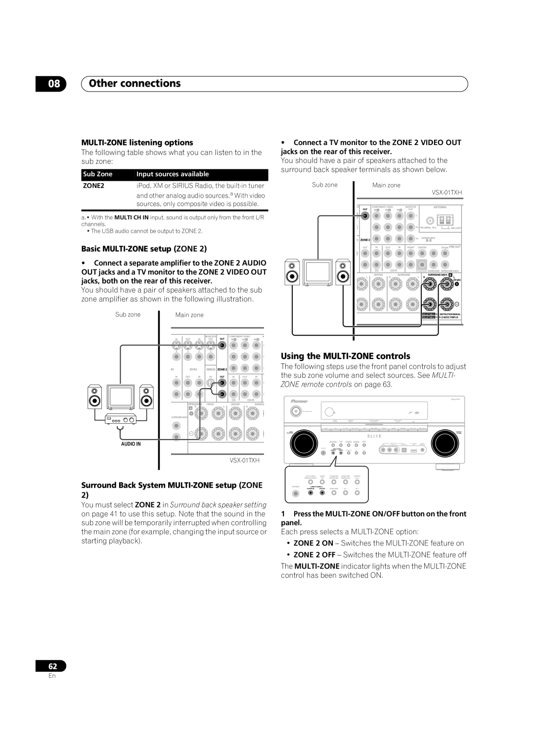 Pioneer VSX-01TXH manual Using the MULTI-ZONEcontrols, MULTI-ZONElistening options, Basic MULTI-ZONEsetup ZONE 