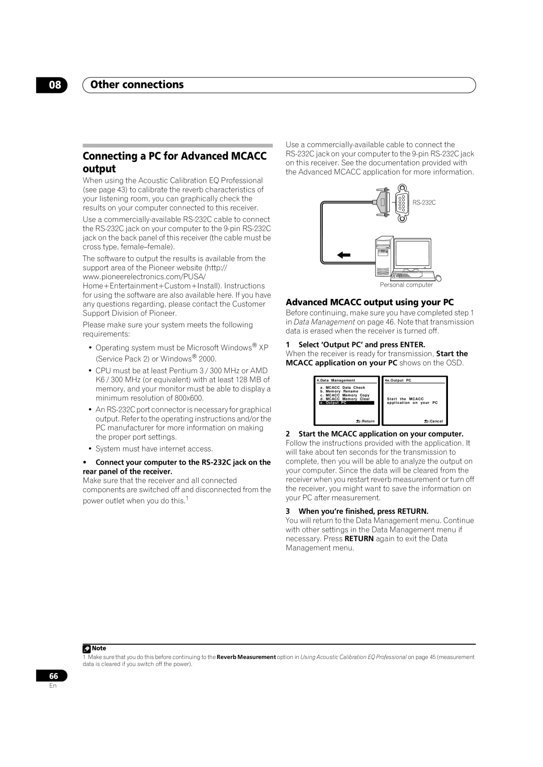 Pioneer VSX-01TXH Connecting a PC for Advanced MCACC output, Advanced MCACC output using your PC, 08Other connections 