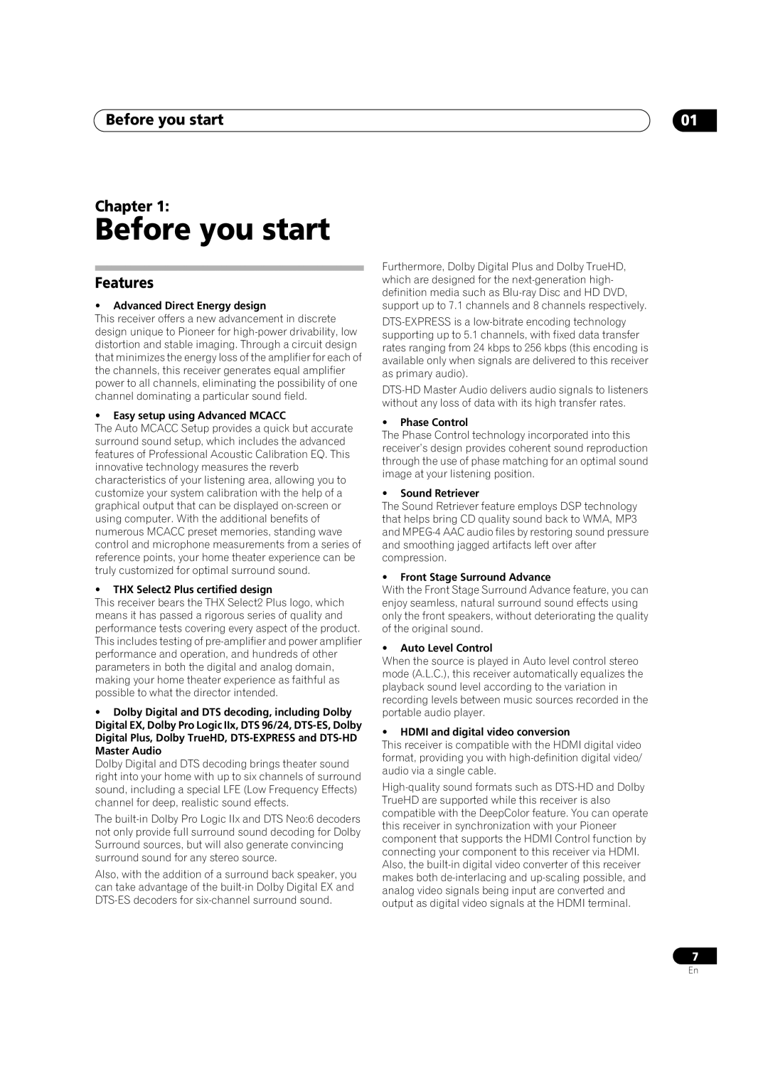 Pioneer VSX-01TXH manual Before you start Chapter, Features 