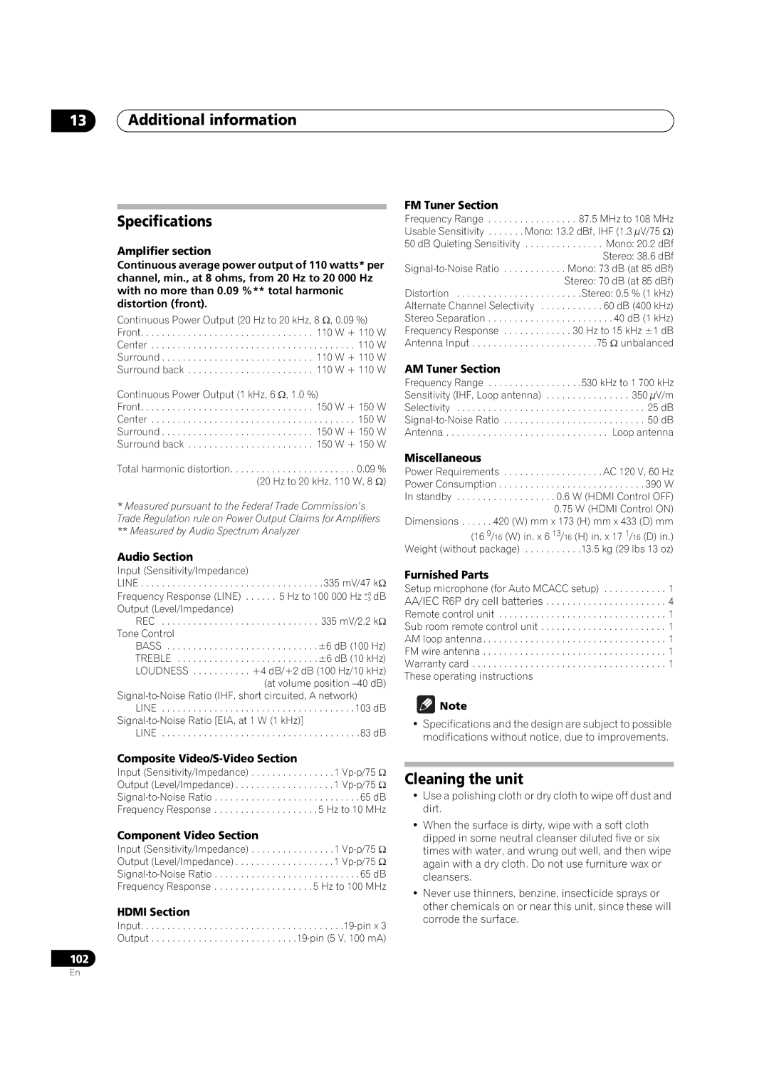 Pioneer VSX-03TXH manual Additional information Specifications, Cleaning the unit 