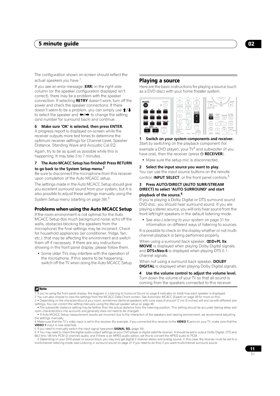 Pioneer VSX-03TXH manual Minute guide, Playing a source, Problems when using the Auto Mcacc Setup 