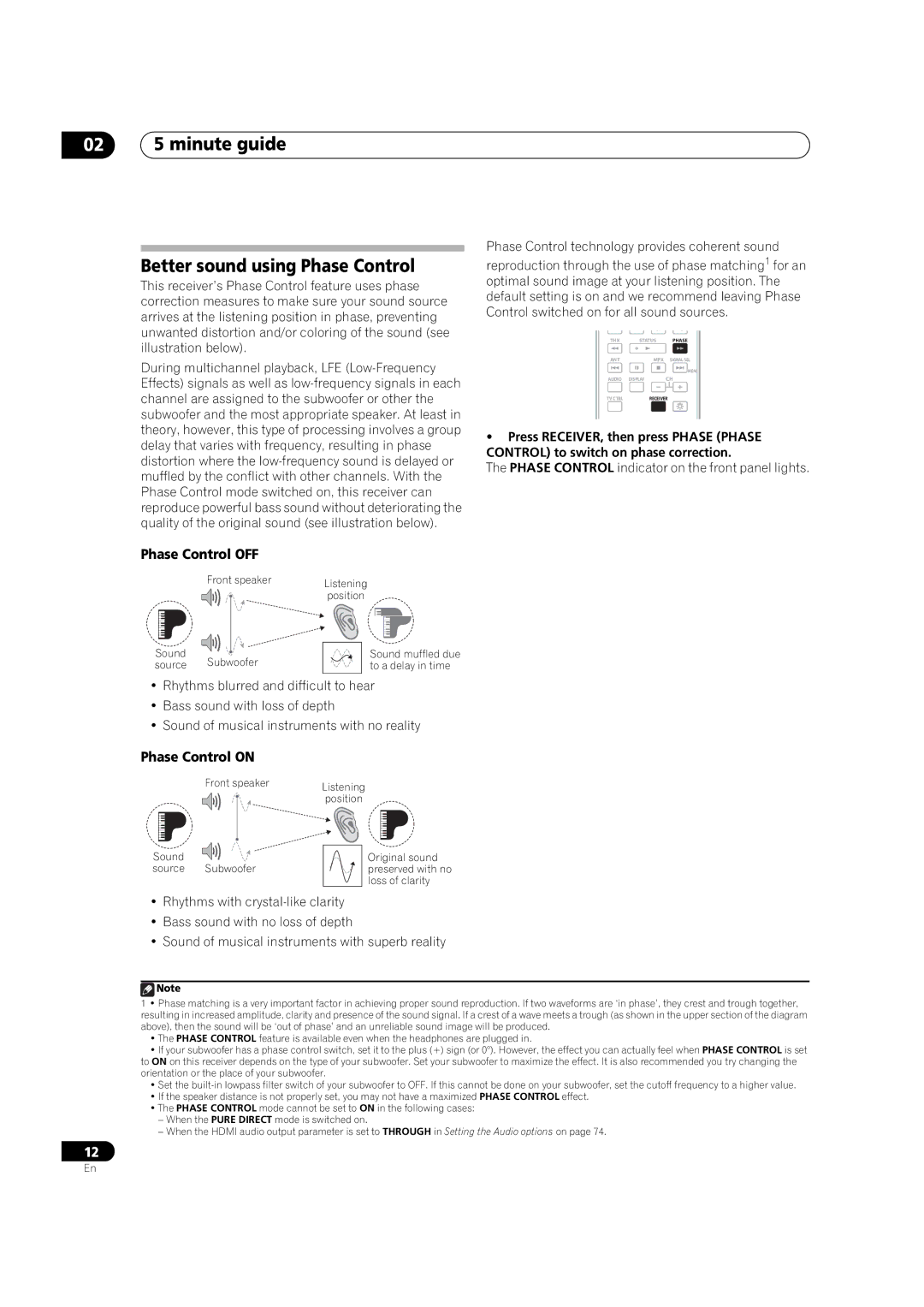 Pioneer VSX-03TXH manual 02 5 minute guide Better sound using Phase Control, Phase Control OFF, Phase Control on 