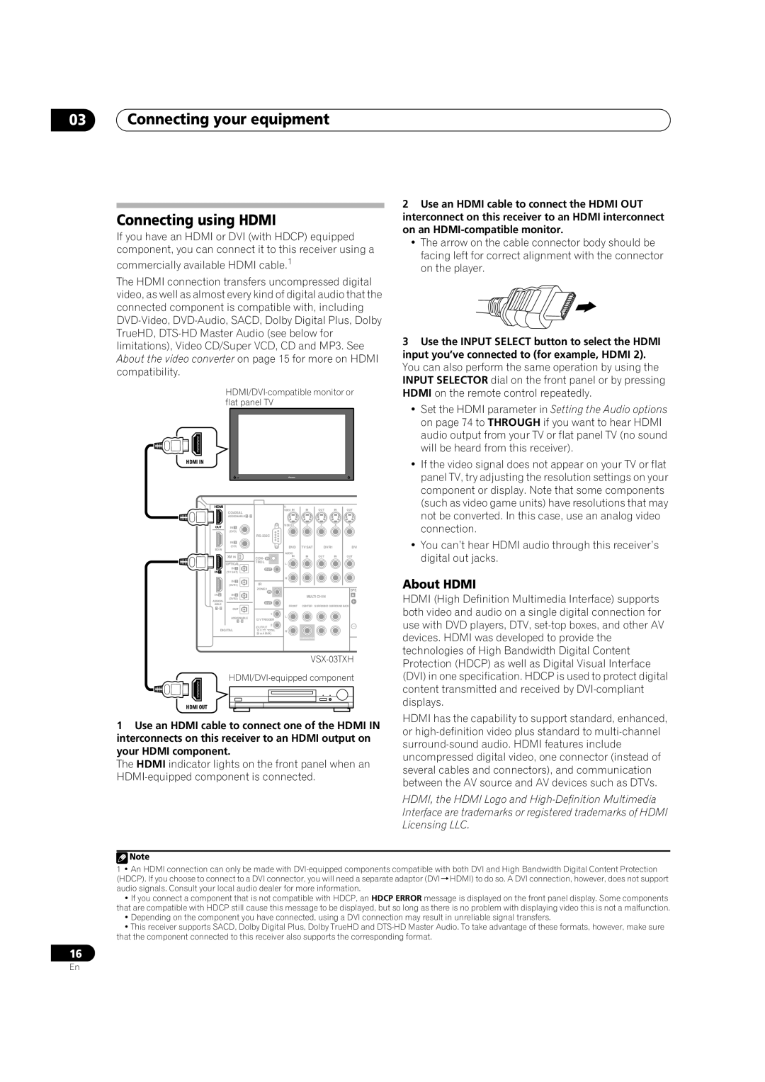 Pioneer VSX-03TXH manual Connecting your equipment Connecting using Hdmi, About Hdmi 