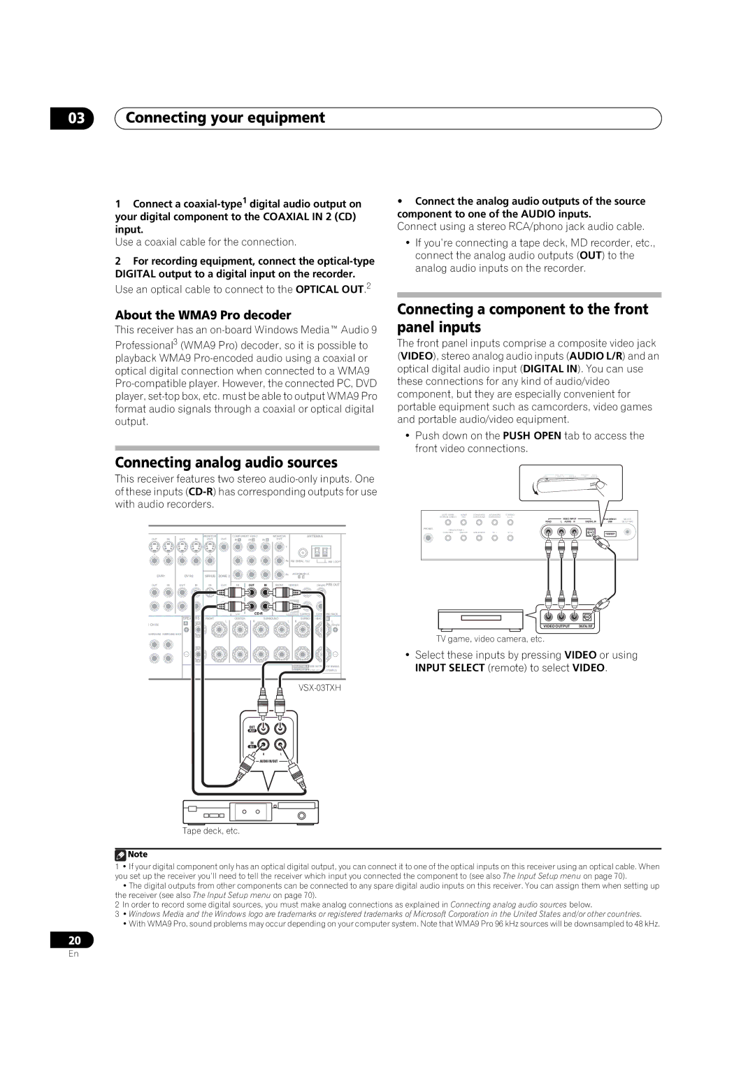 Pioneer VSX-03TXH manual Connecting analog audio sources, Connecting a component to the front panel inputs 