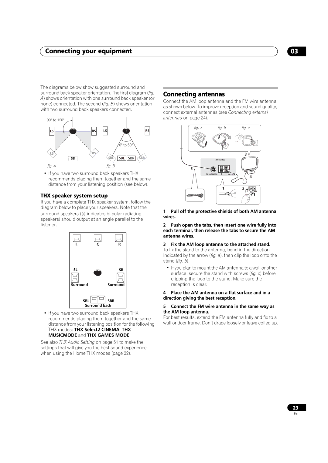 Pioneer VSX-03TXH manual Connecting antennas, THX speaker system setup 