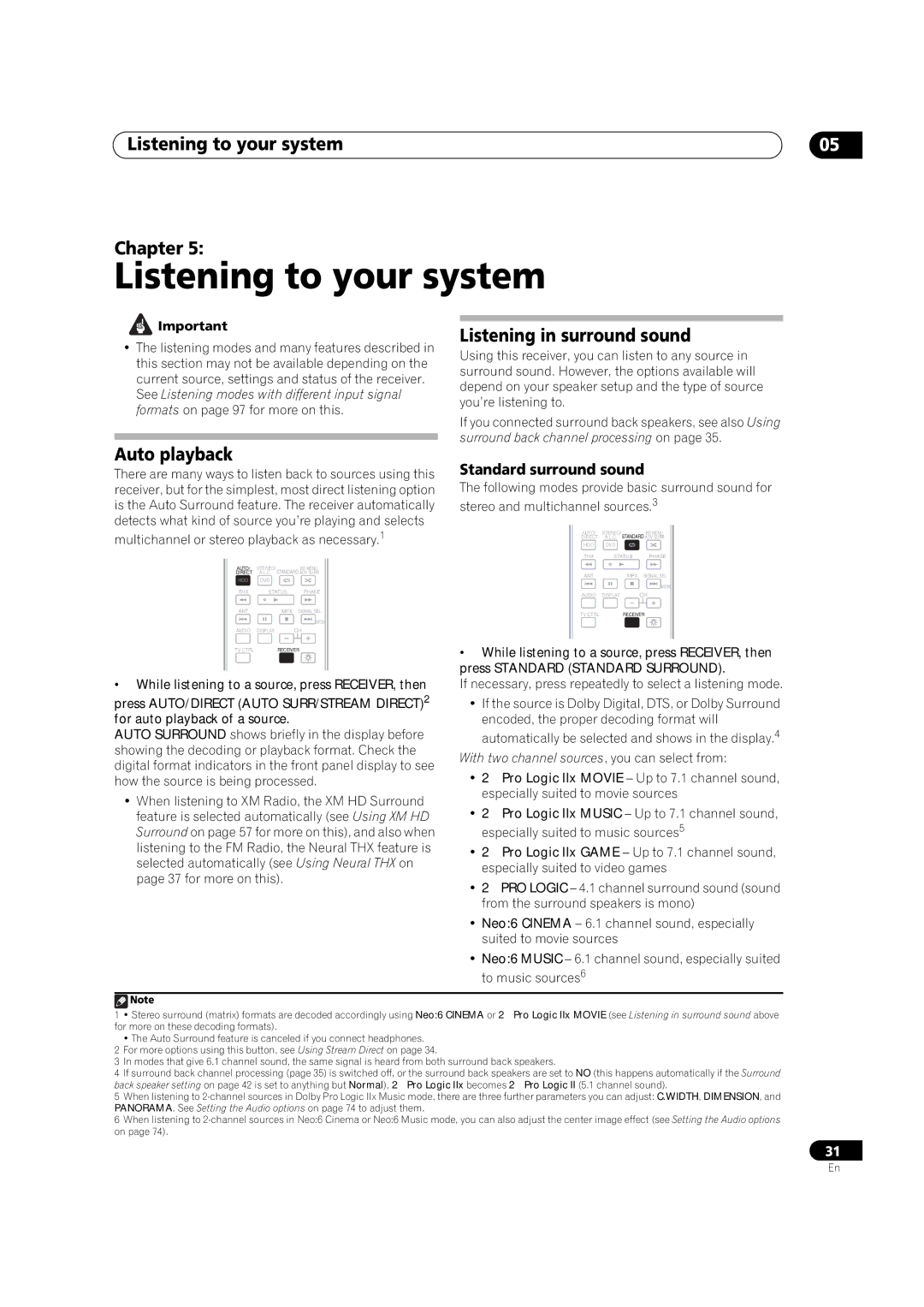 Pioneer VSX-03TXH manual Listening to your system Chapter, Listening in surround sound, Auto playback 