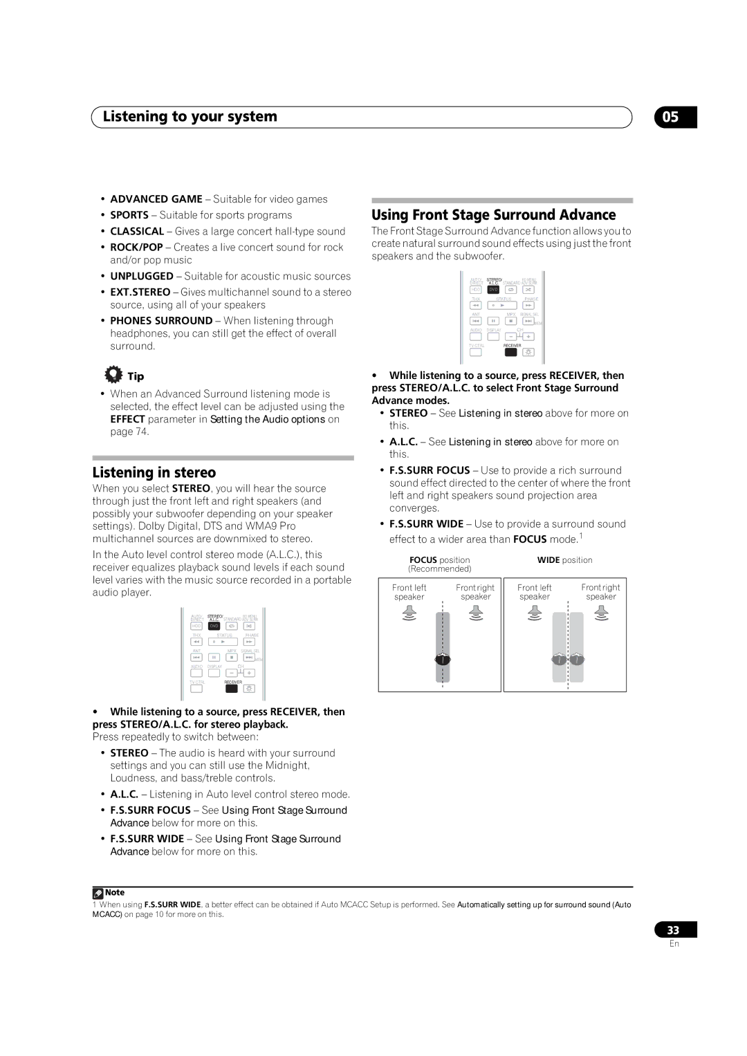 Pioneer VSX-03TXH manual Listening in stereo, Using Front Stage Surround Advance, Tip 