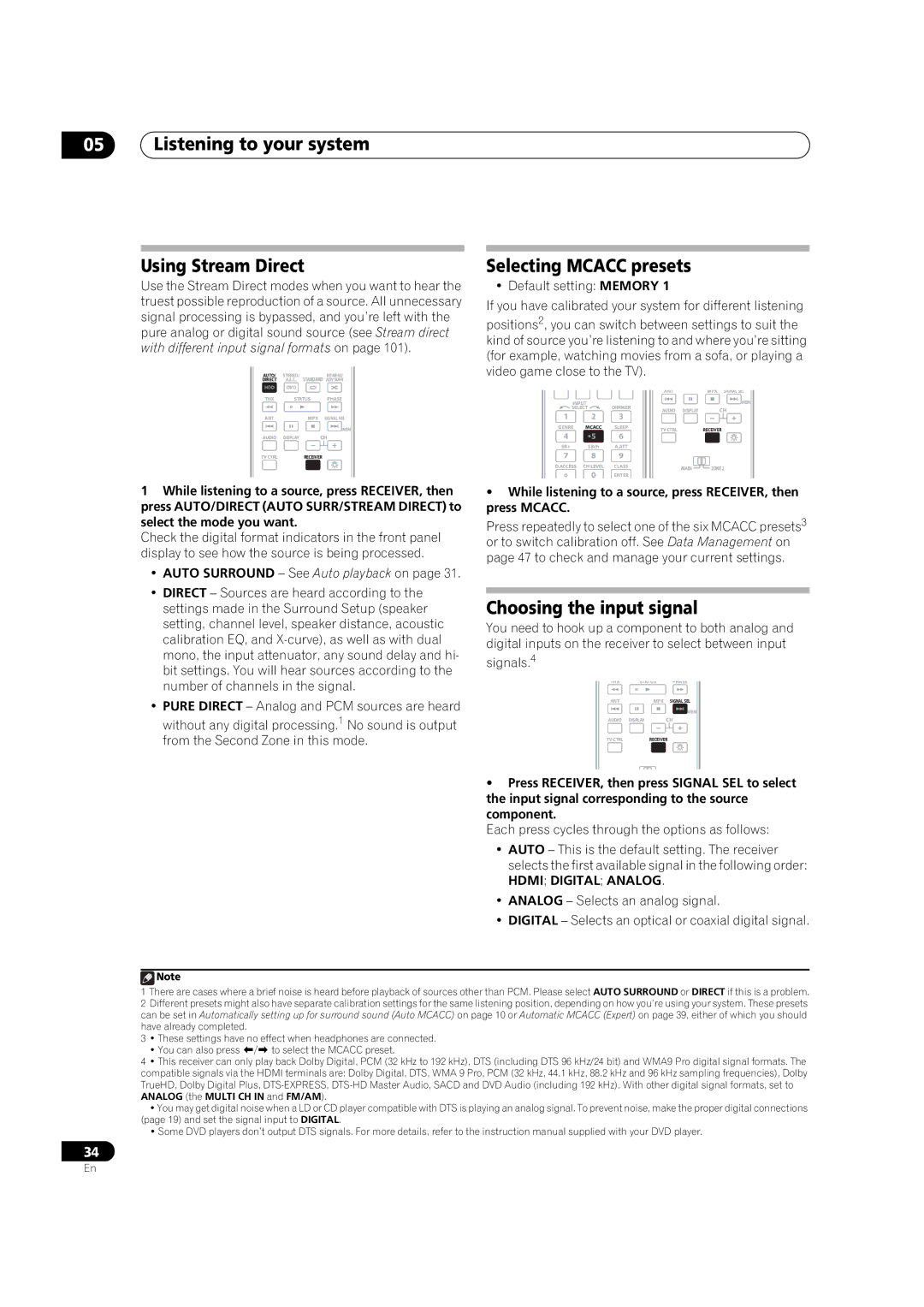 Pioneer VSX-03TXH manual Listening to your system Using Stream Direct, Selecting Mcacc presets, Choosing the input signal 