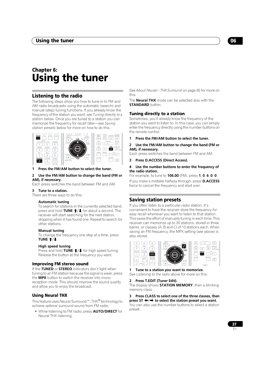 Pioneer VSX-03TXH manual Using the tuner Chapter, Listening to the radio, Saving station presets 