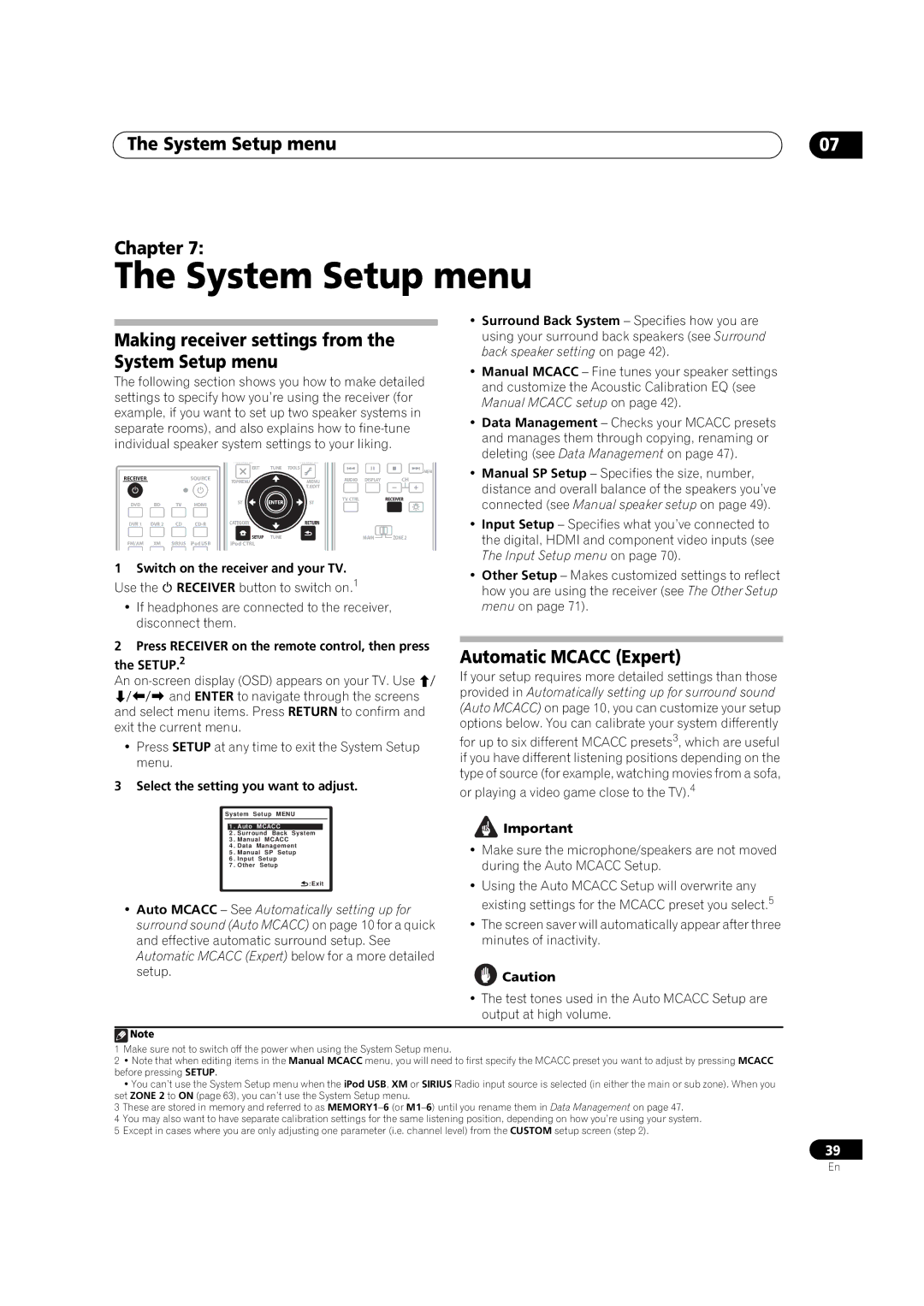 Pioneer VSX-03TXH manual System Setup menu Chapter, Making receiver settings from the System Setup menu 