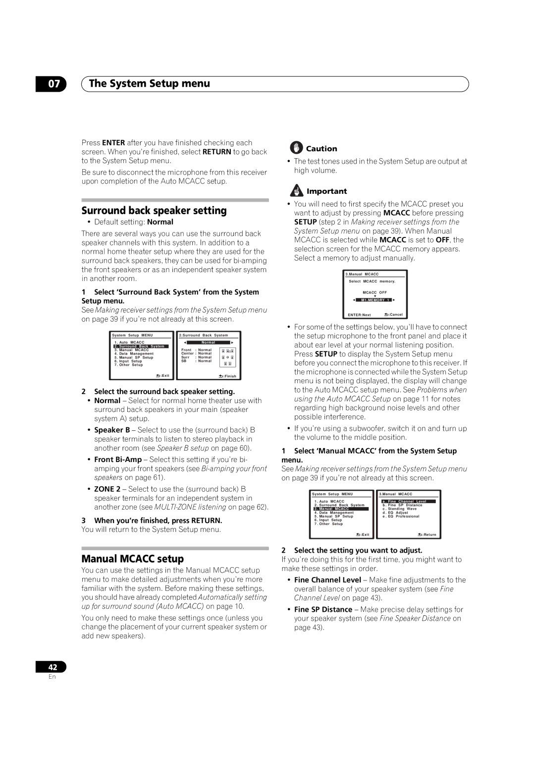 Pioneer VSX-03TXH manual Surround back speaker setting, Manual Mcacc setup 