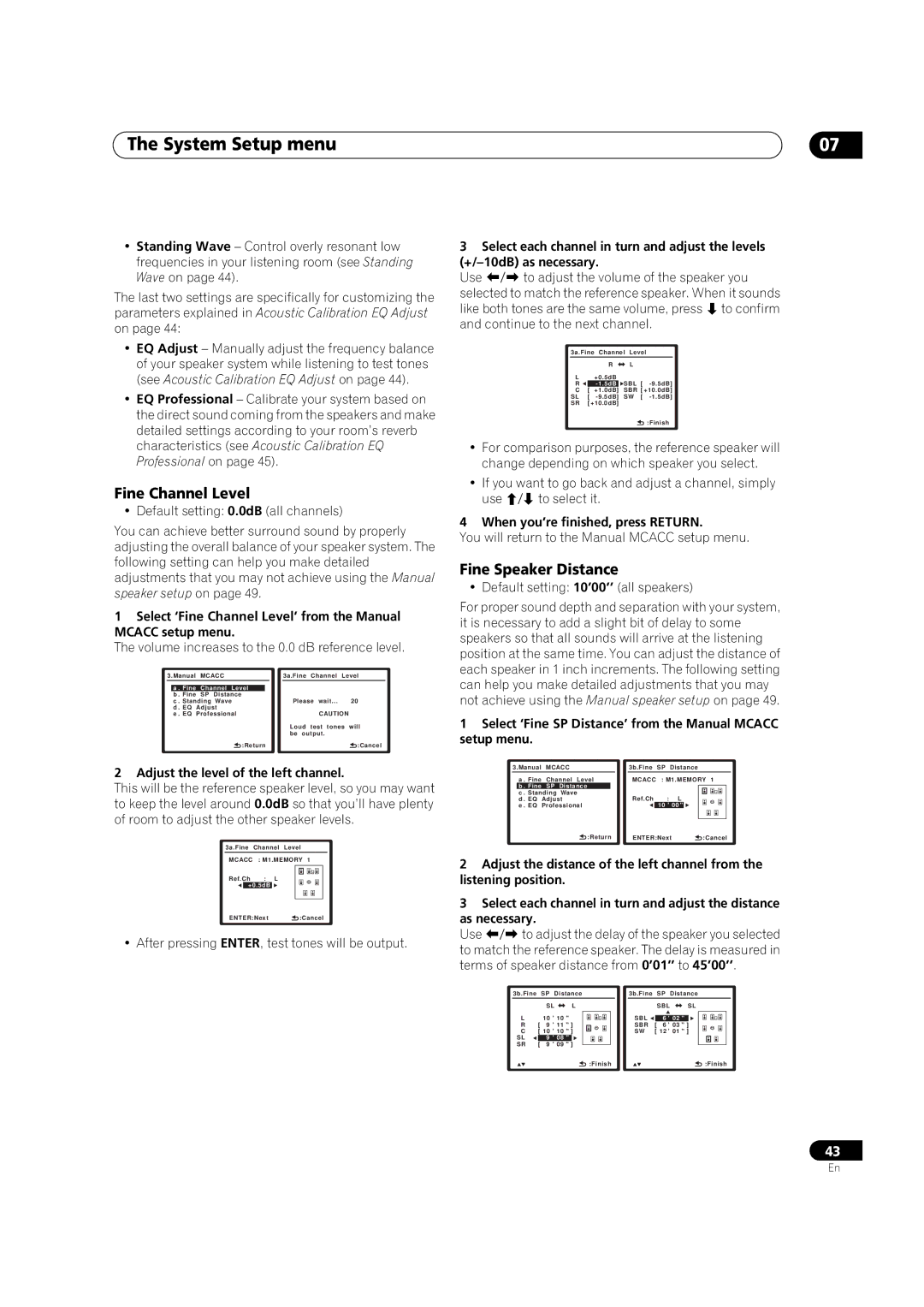 Pioneer VSX-03TXH manual Fine Channel Level, Fine Speaker Distance, Adjust the level of the left channel 
