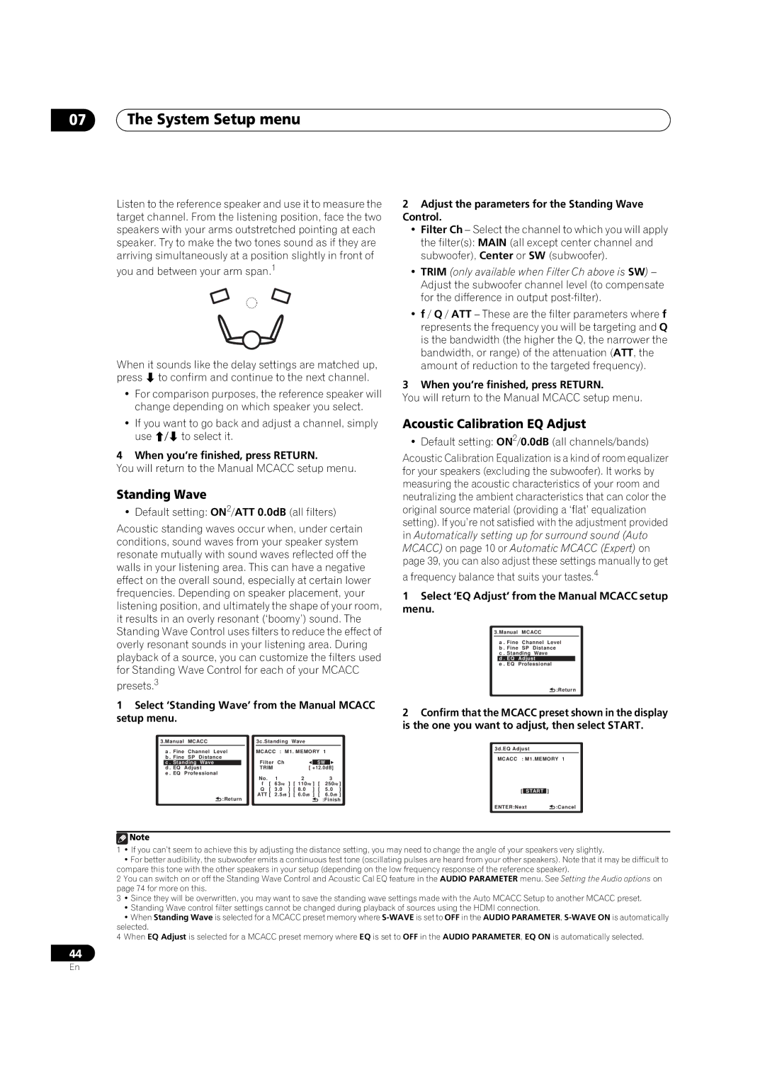 Pioneer VSX-03TXH manual Acoustic Calibration EQ Adjust, Select ‘Standing Wave’ from the Manual Mcacc setup menu 