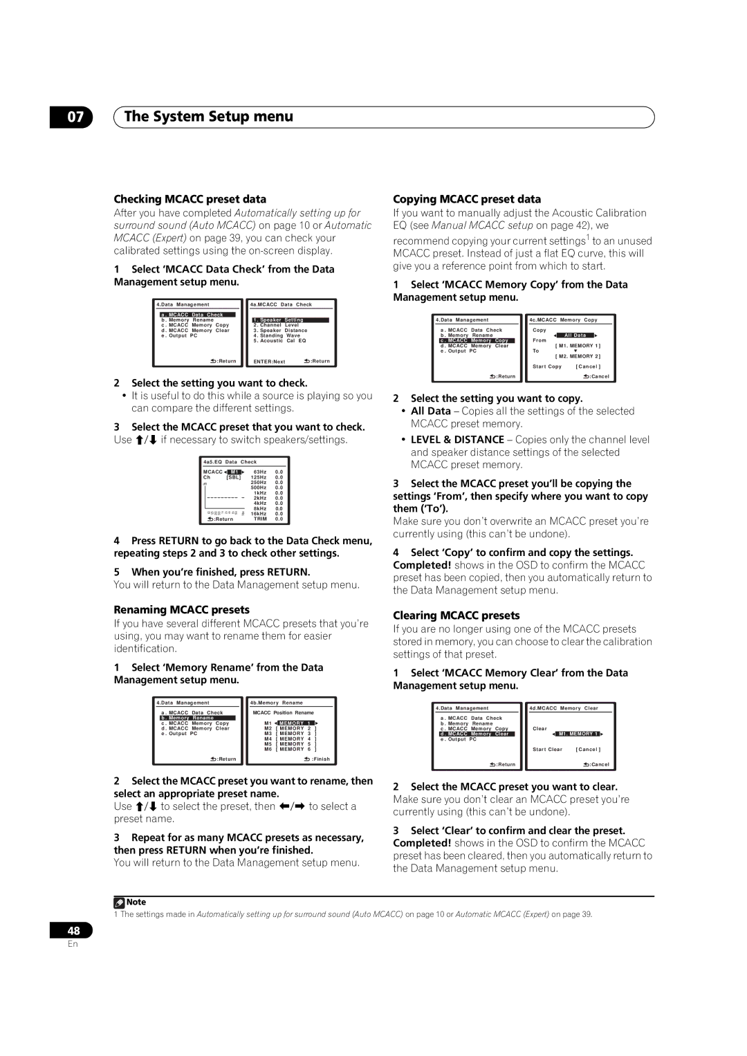 Pioneer VSX-03TXH Checking Mcacc preset data, Copying Mcacc preset data, Renaming Mcacc presets, Clearing Mcacc presets 