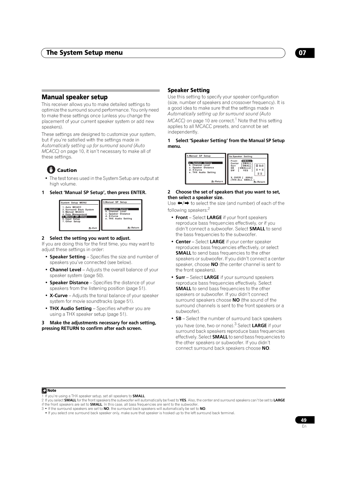 Pioneer VSX-03TXH System Setup menu Manual speaker setup, Speaker Setting, Select ‘Manual SP Setup’, then press Enter 