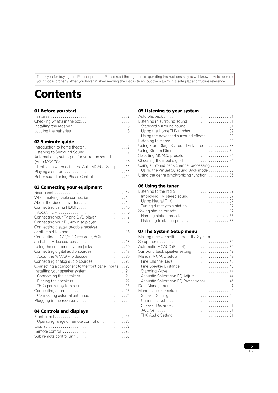 Pioneer VSX-03TXH manual Contents 