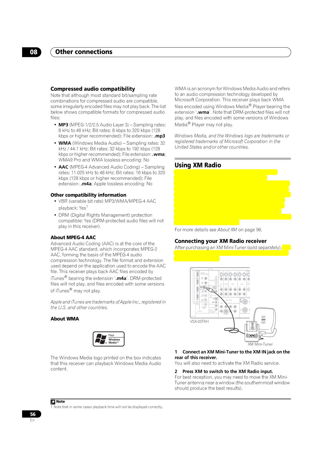 Pioneer VSX-03TXH manual Using XM Radio, Compressed audio compatibility, Connecting your XM Radio receiver 