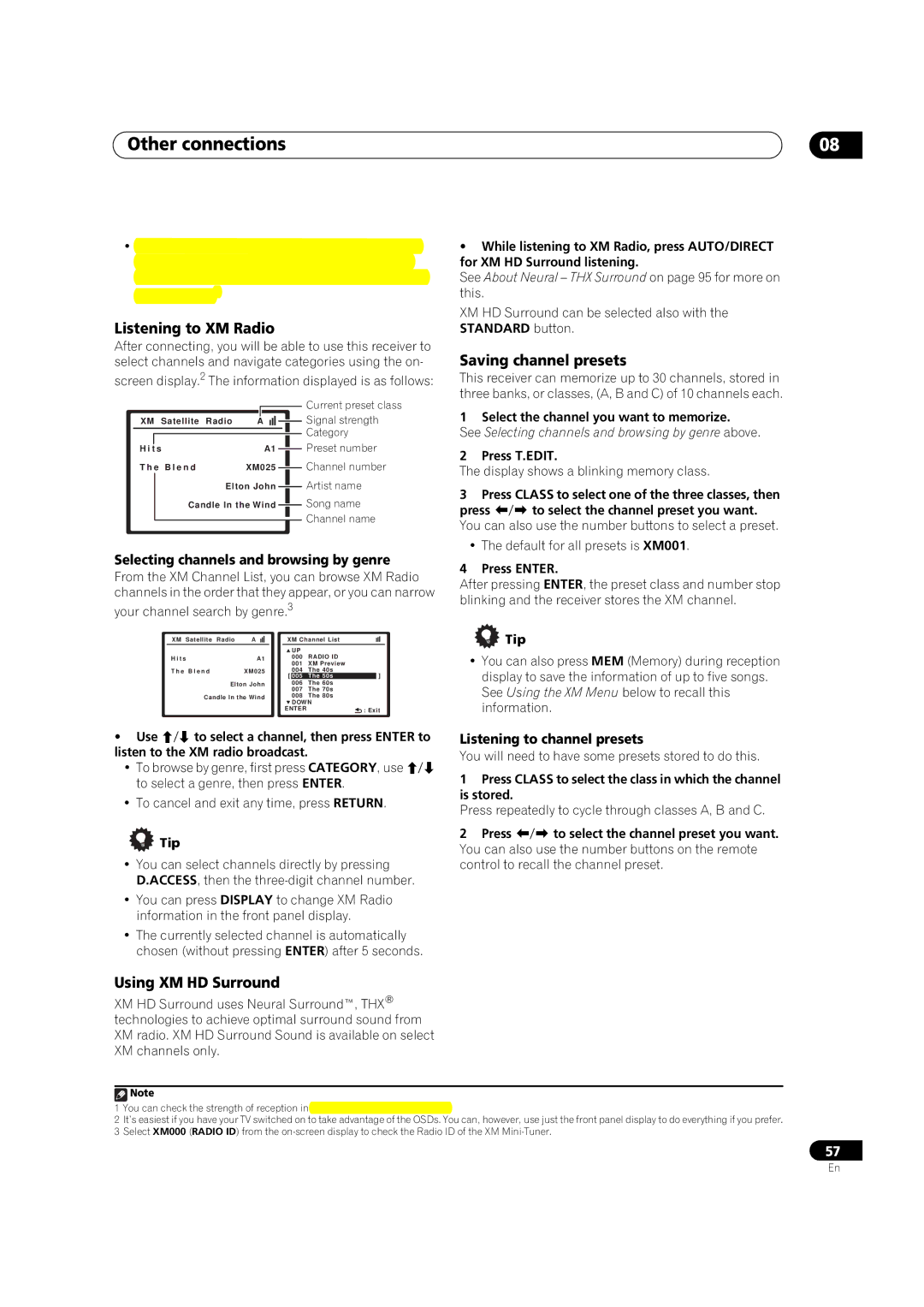 Pioneer VSX-03TXH manual Listening to XM Radio, Saving channel presets, Using XM HD Surround, Listening to channel presets 