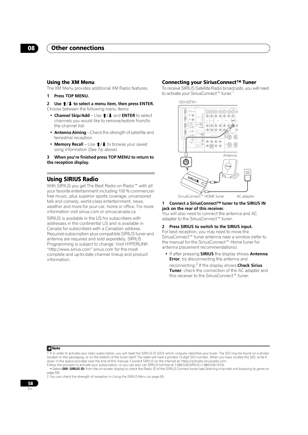 Pioneer VSX-03TXH manual Using Sirius Radio, Using the XM Menu, Connecting your SiriusConnect Tuner 