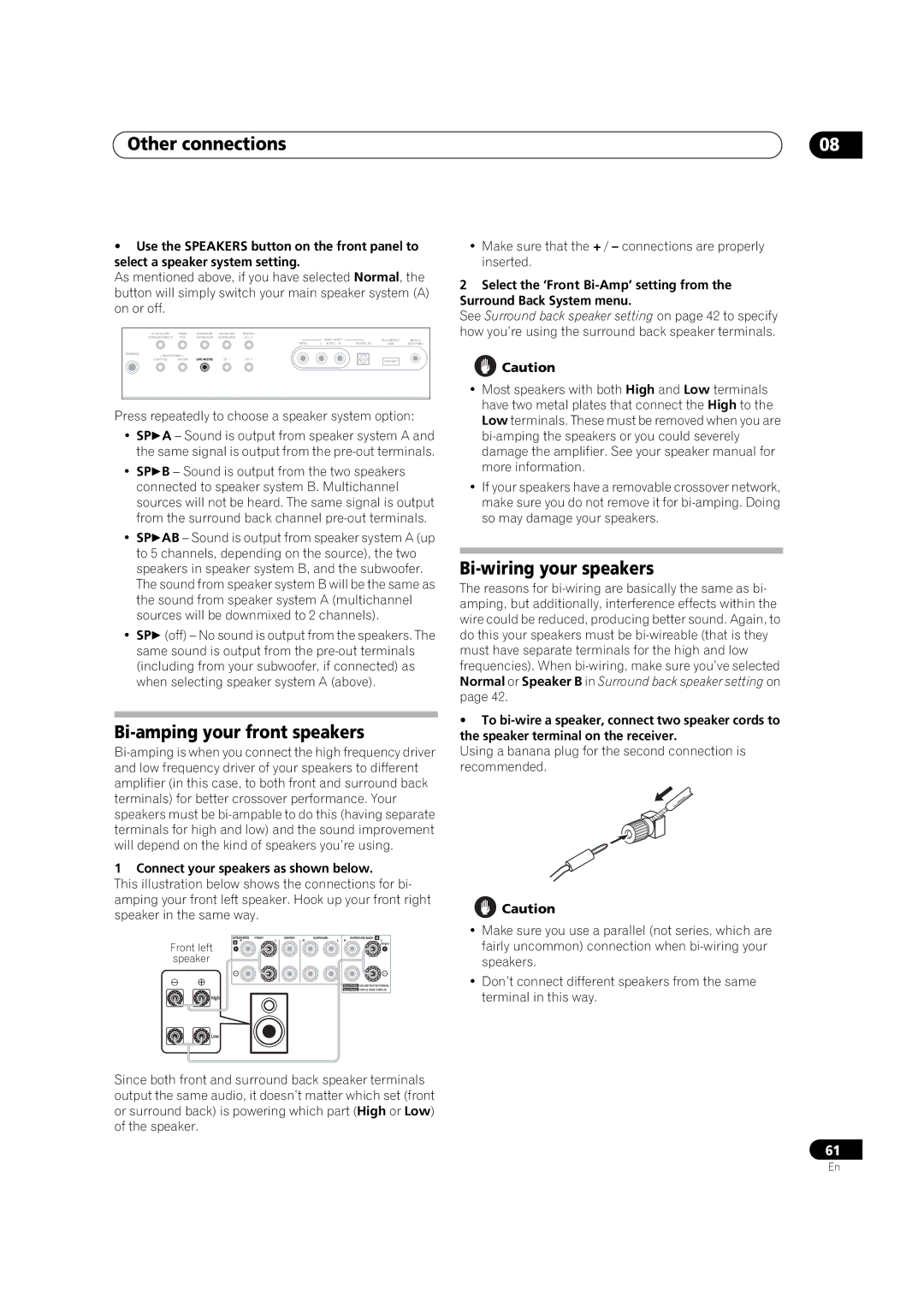 Pioneer VSX-03TXH manual Bi-amping your front speakers, Bi-wiring your speakers, Connect your speakers as shown below 