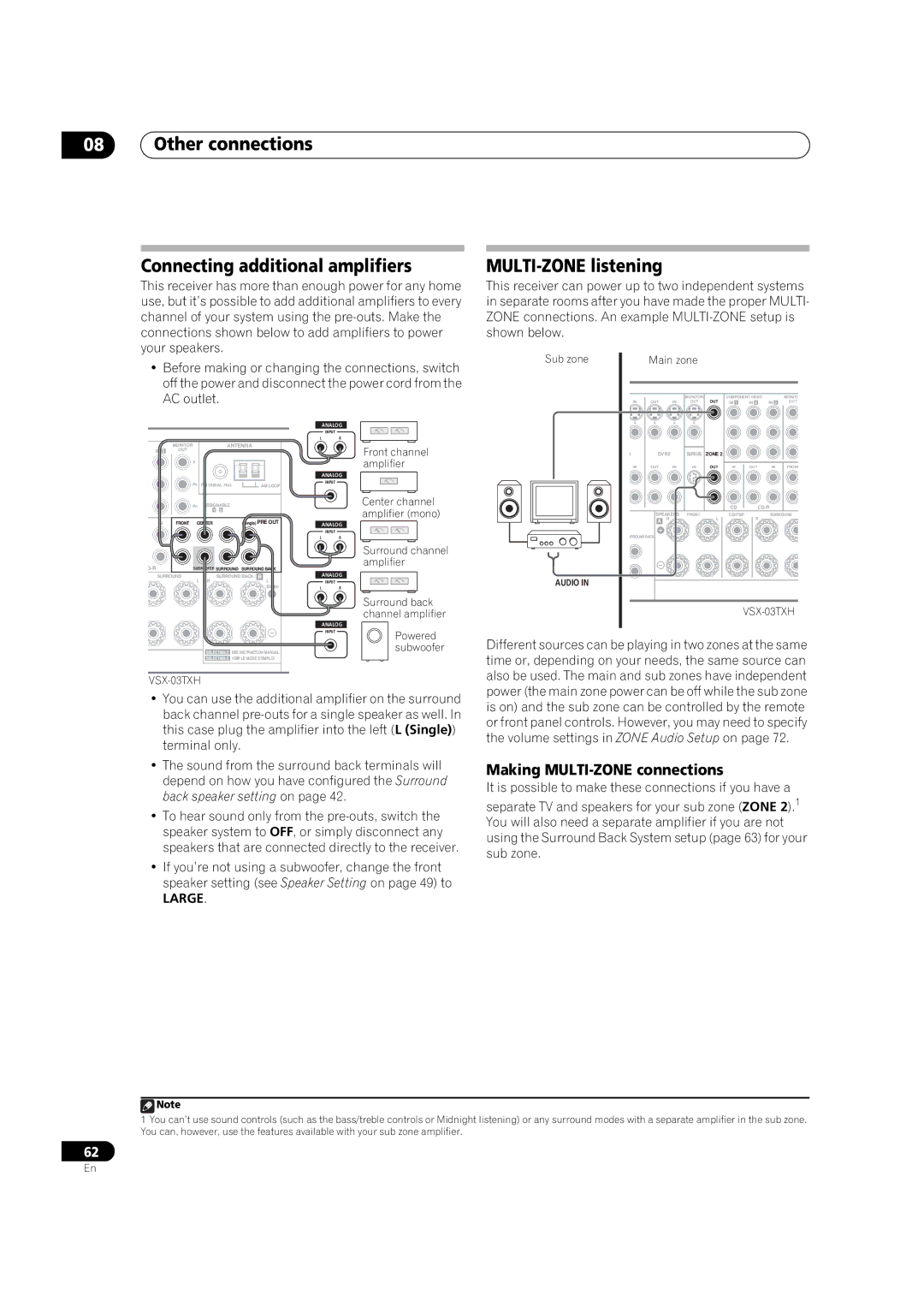 Pioneer VSX-03TXH Other connections Connecting additional amplifiers, MULTI-ZONE listening, Making MULTI-ZONE connections 