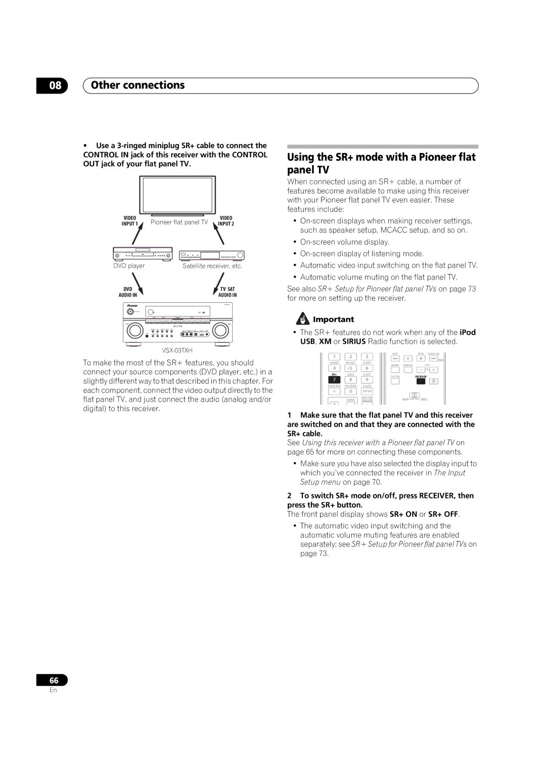 Pioneer VSX-03TXH manual Using the SR+ mode with a Pioneer flat panel TV 