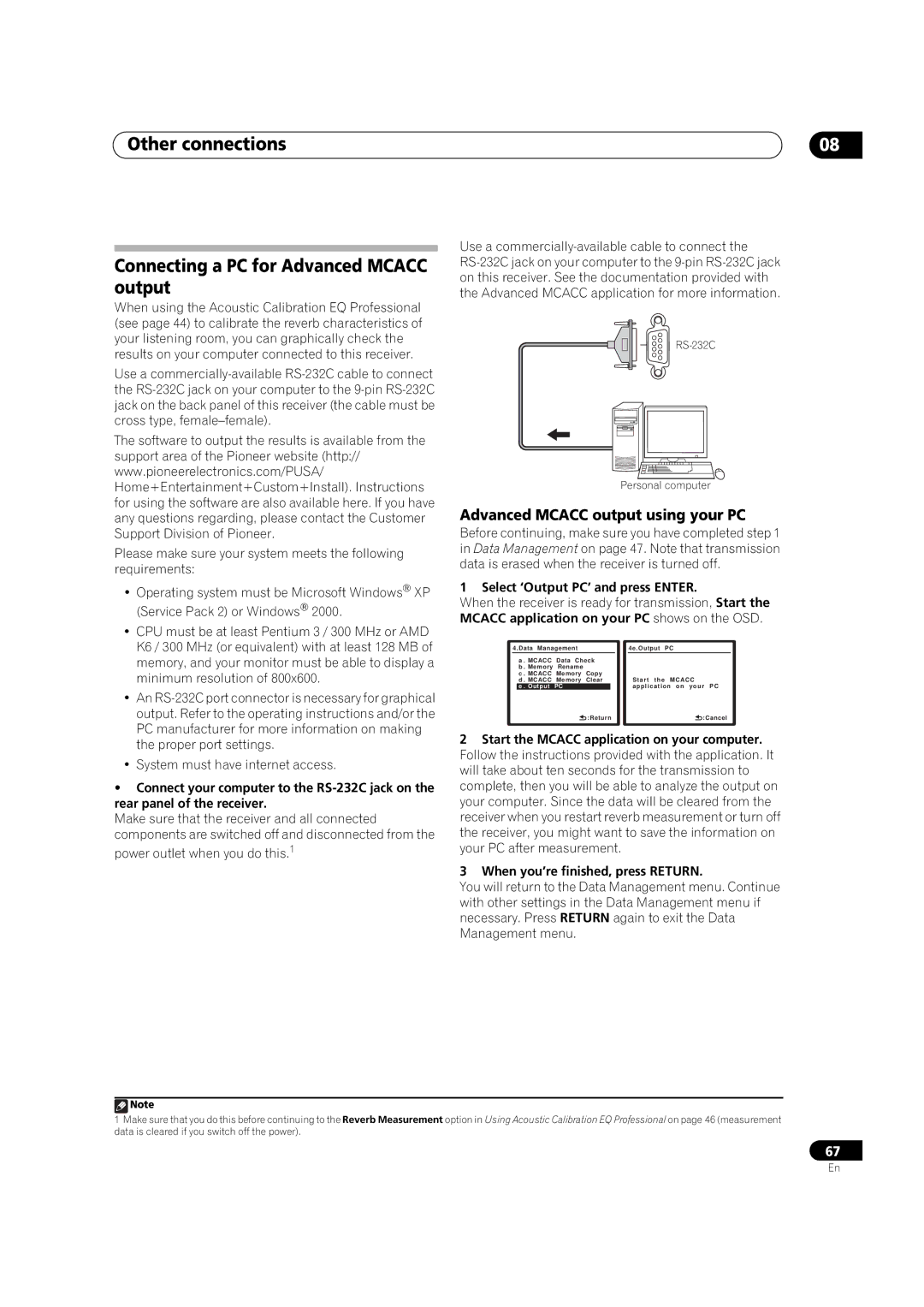 Pioneer VSX-03TXH manual Other connections Connecting a PC for Advanced Mcacc output, Advanced Mcacc output using your PC 