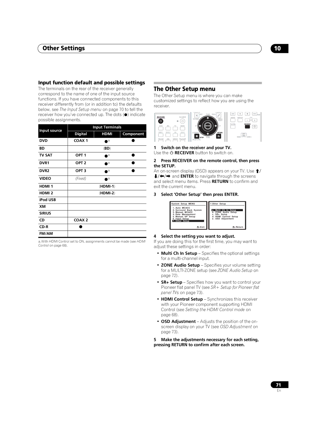 Pioneer VSX-03TXH manual Other Settings, Other Setup menu, Input function default and possible settings 