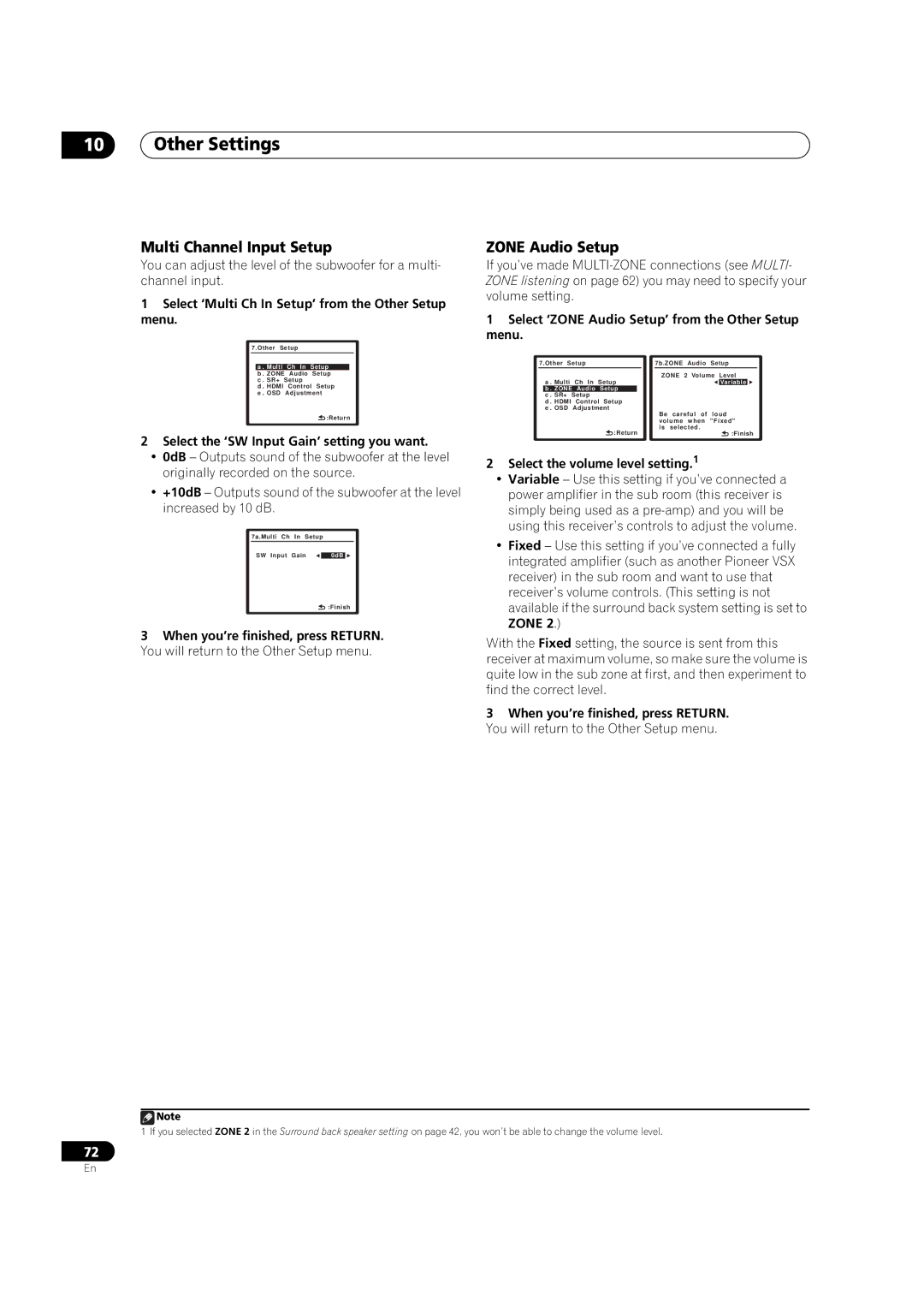 Pioneer VSX-03TXH manual Multi Channel Input Setup, Zone Audio Setup 