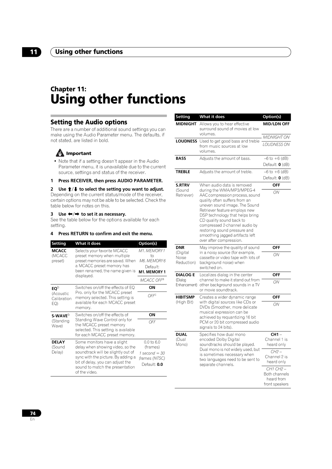 Pioneer VSX-03TXH Using other functions Chapter, Setting the Audio options, Press Return to confirm and exit the menu 