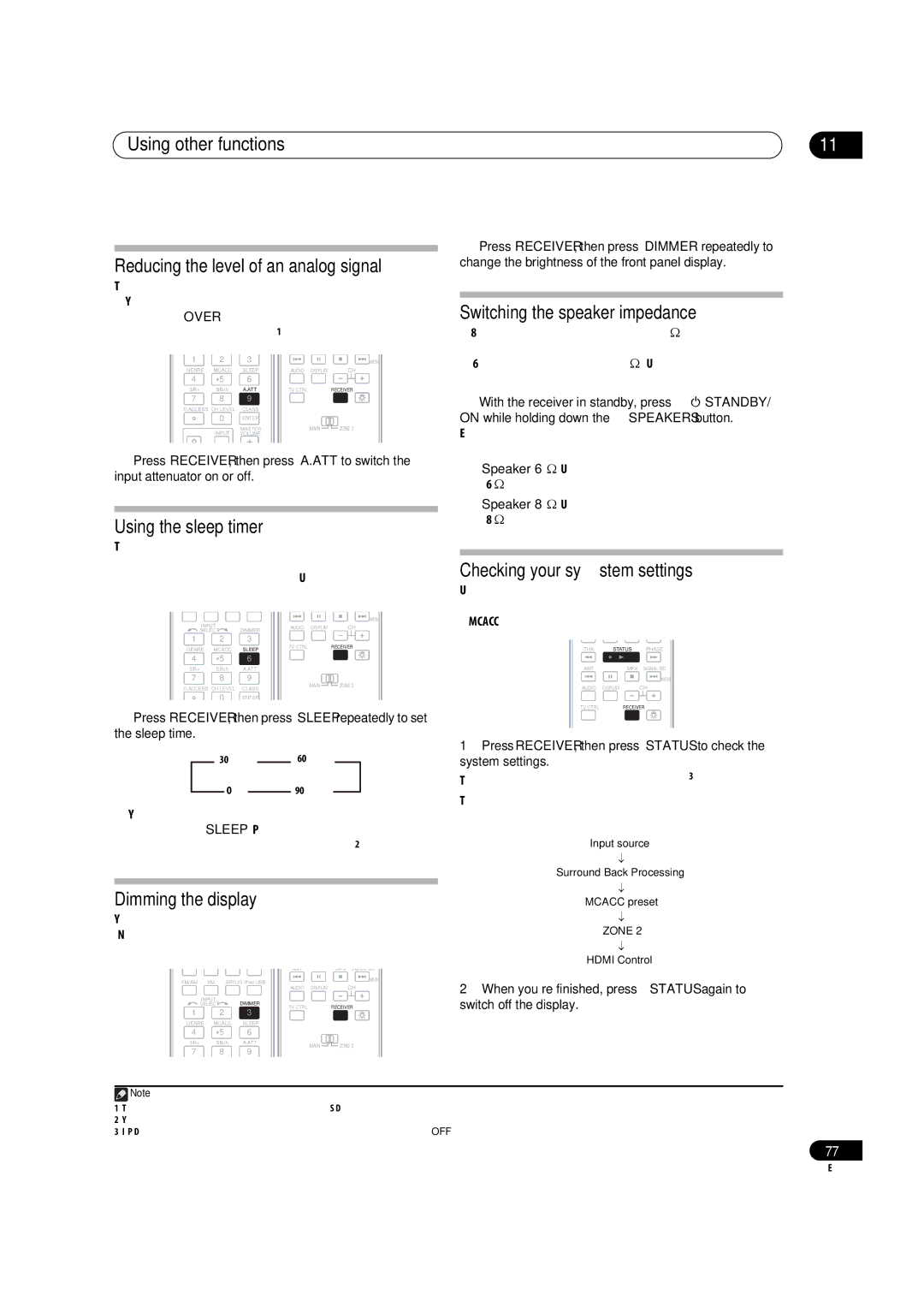 Pioneer VSX-03TXH manual Using the sleep timer, Switching the speaker impedance, Checking your system settings 