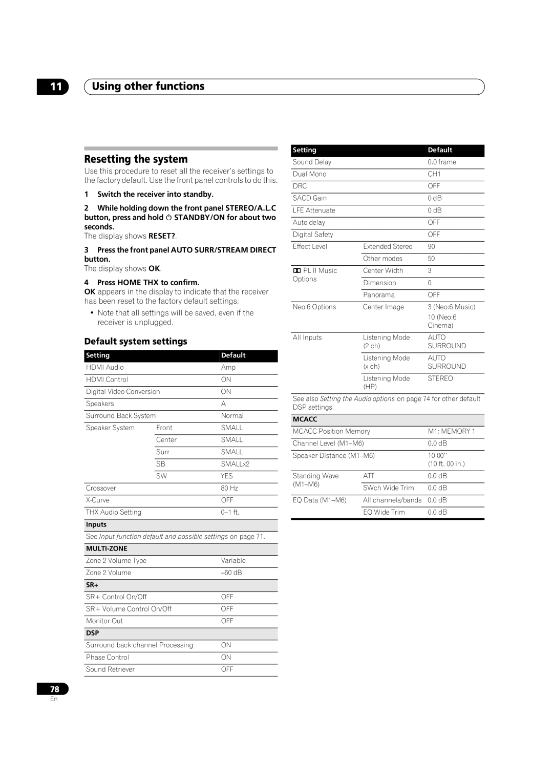 Pioneer VSX-03TXH manual Using other functions Resetting the system, Default system settings, Press Home THX to confirm 