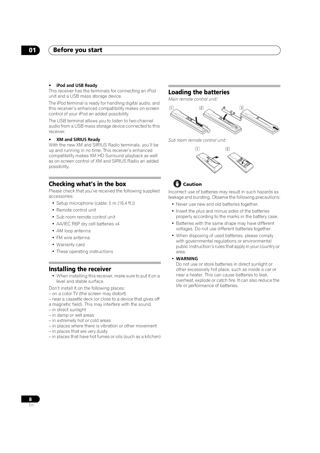 Pioneer VSX-03TXH manual Before you start, Loading the batteries, Checking what’s in the box, Installing the receiver 