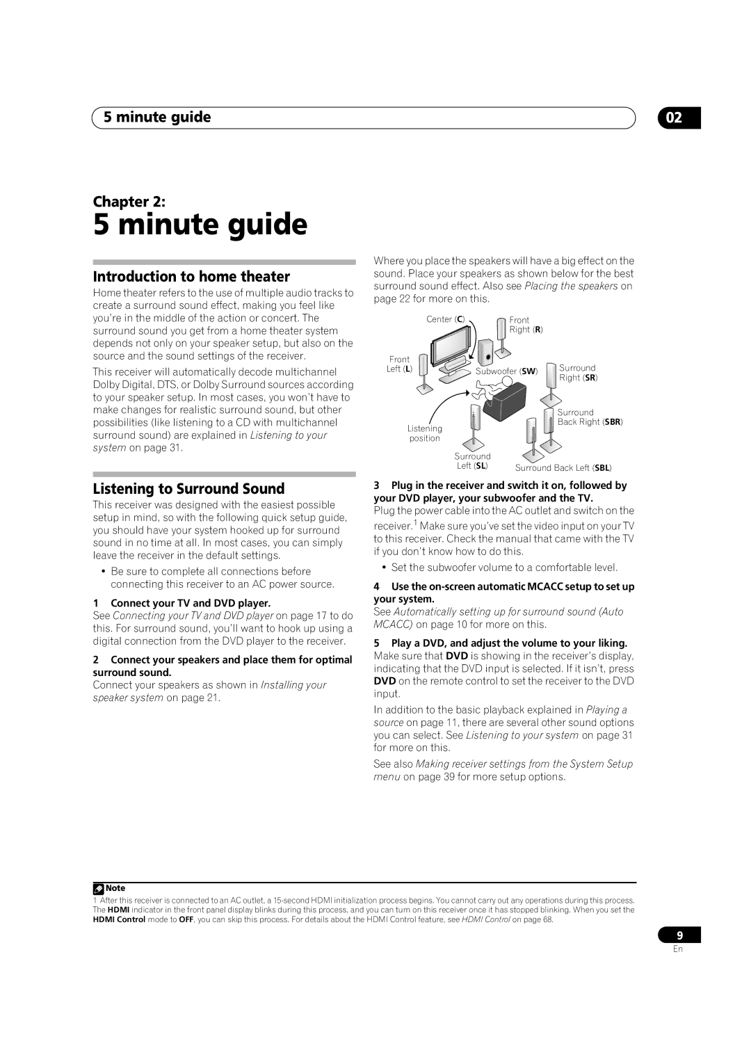 Pioneer VSX-03TXH manual Minute guide Chapter, Introduction to home theater, Listening to Surround Sound 