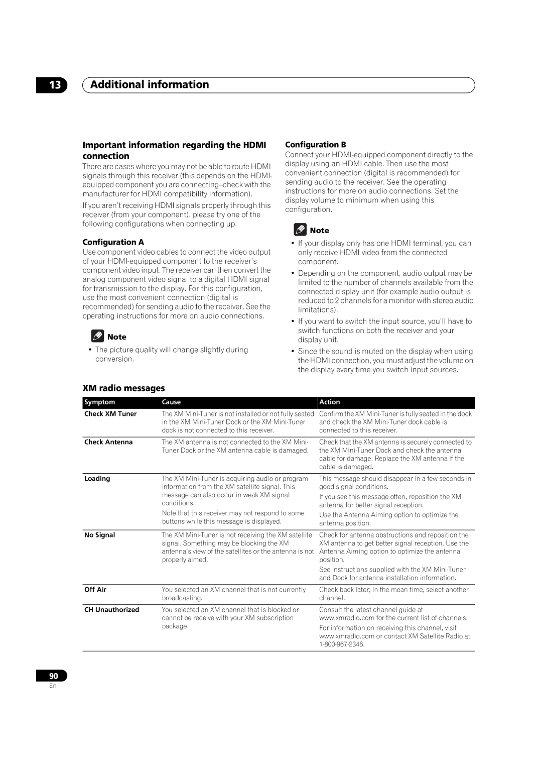 Pioneer VSX-03TXH Important information regarding the Hdmi connection, XM radio messages, Configuration a, Configuration B 