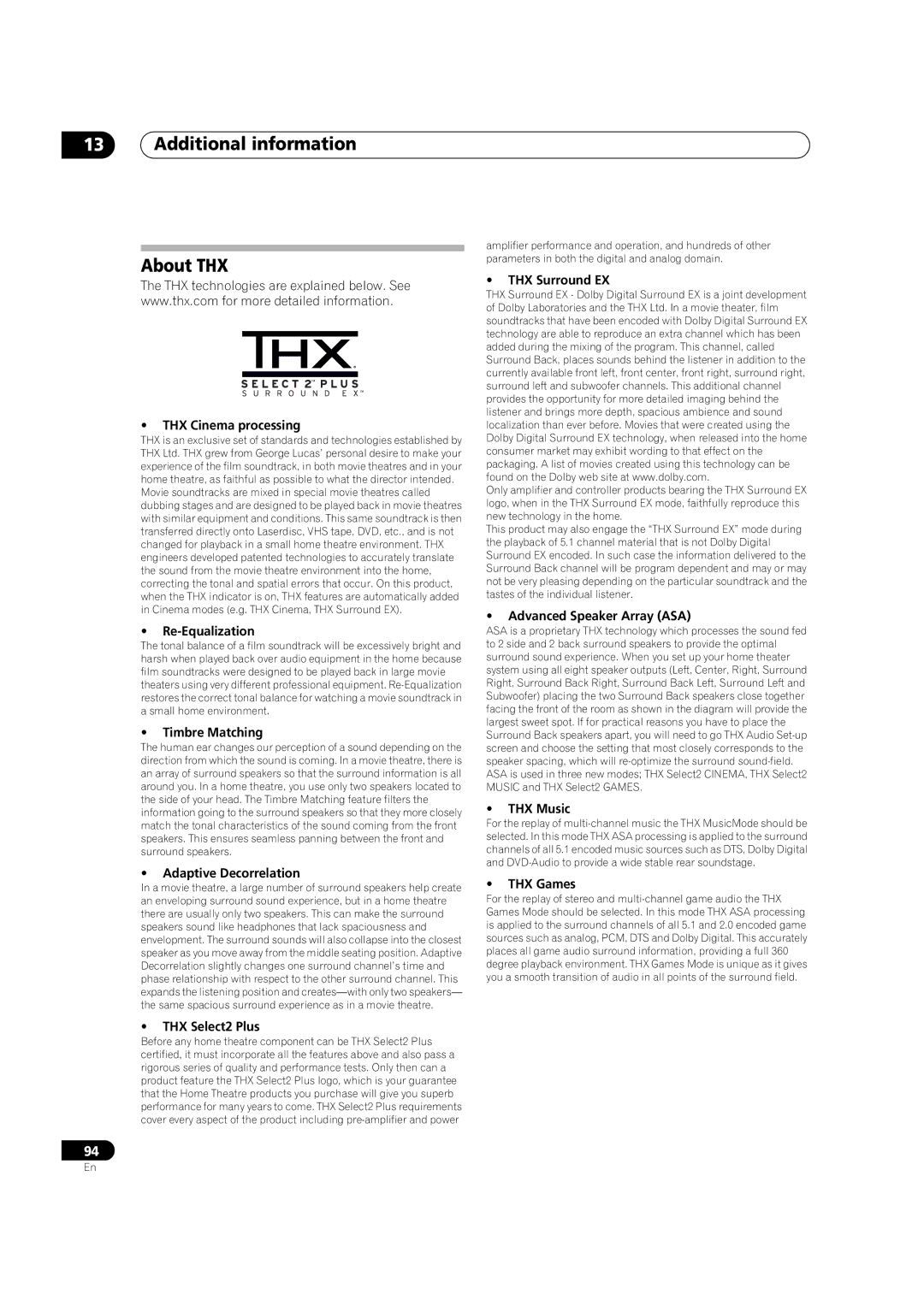 Pioneer VSX-03TXH manual Additional information About THX 