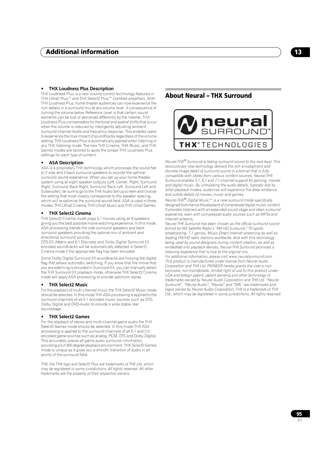 Pioneer VSX-03TXH manual About Neural THX Surround 