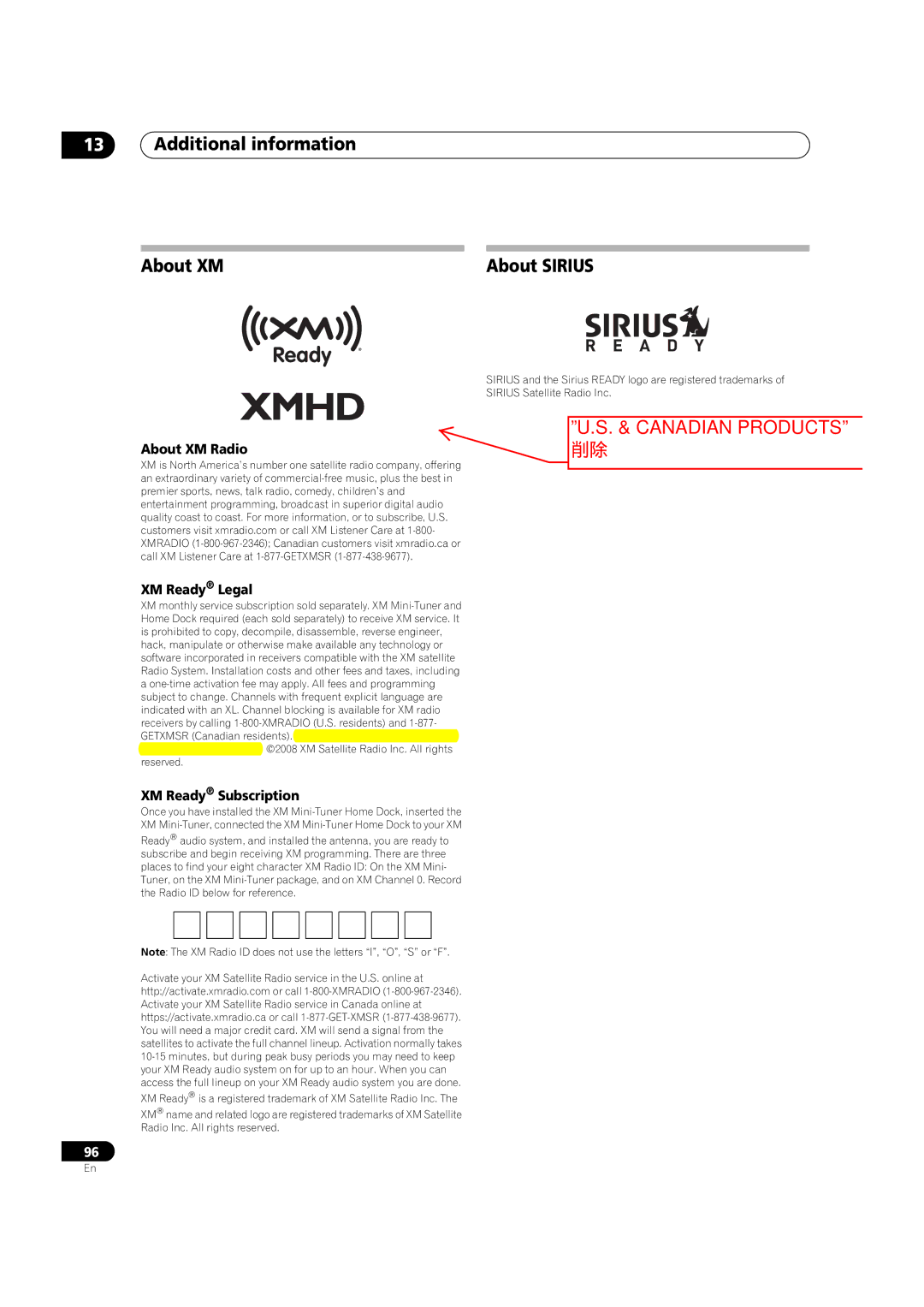 Pioneer VSX-03TXH manual Additional information About XM, About XM Radio XM Ready Legal, XM Ready Subscription 