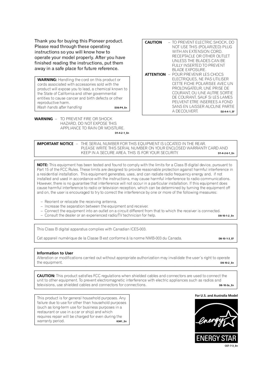 Pioneer VSX-1014TX manual Wash hands after handling, Information to User 