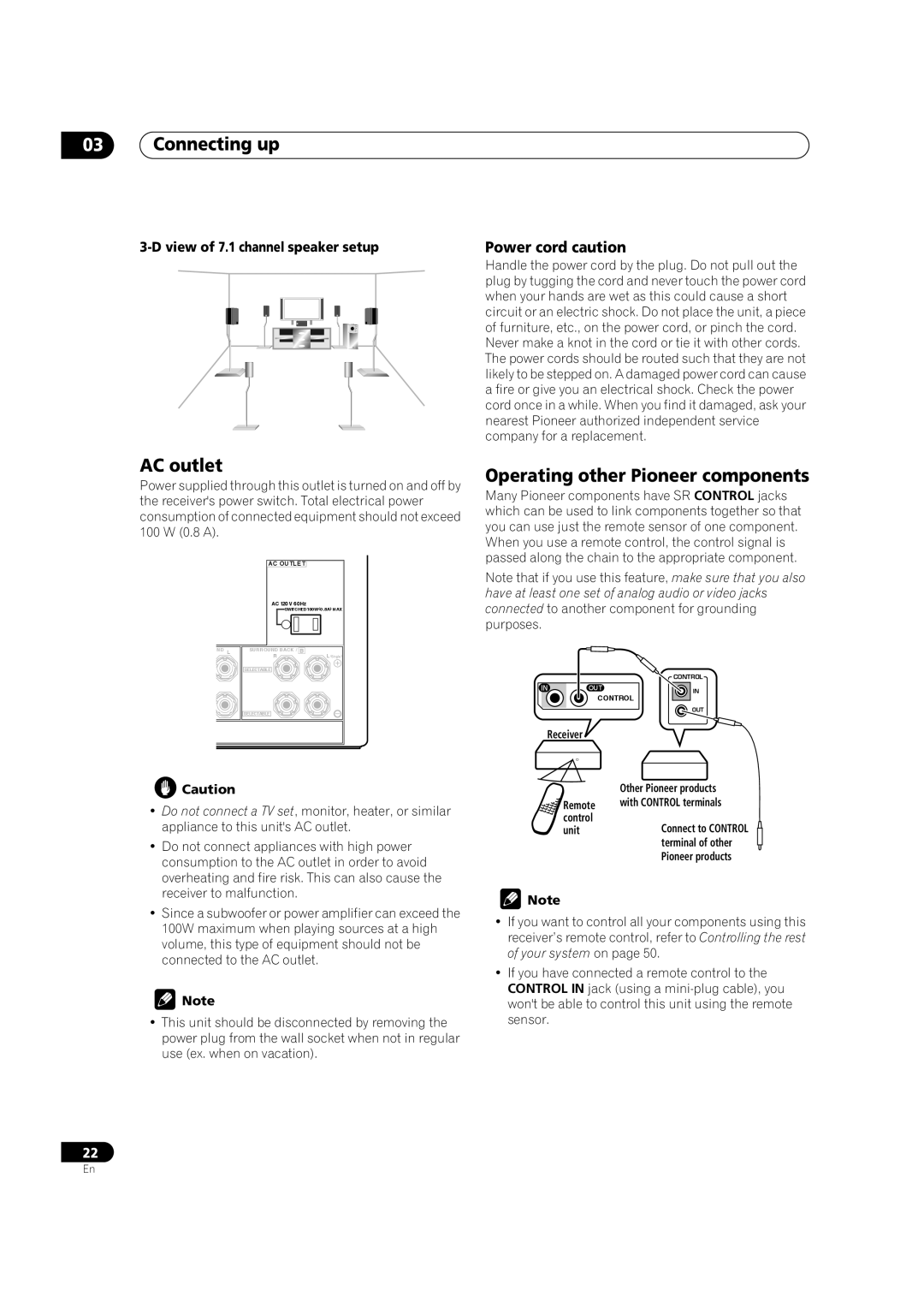 Pioneer VSX-1014TX manual Connecting up, AC outlet, Operating other Pioneer components, Power cord caution 