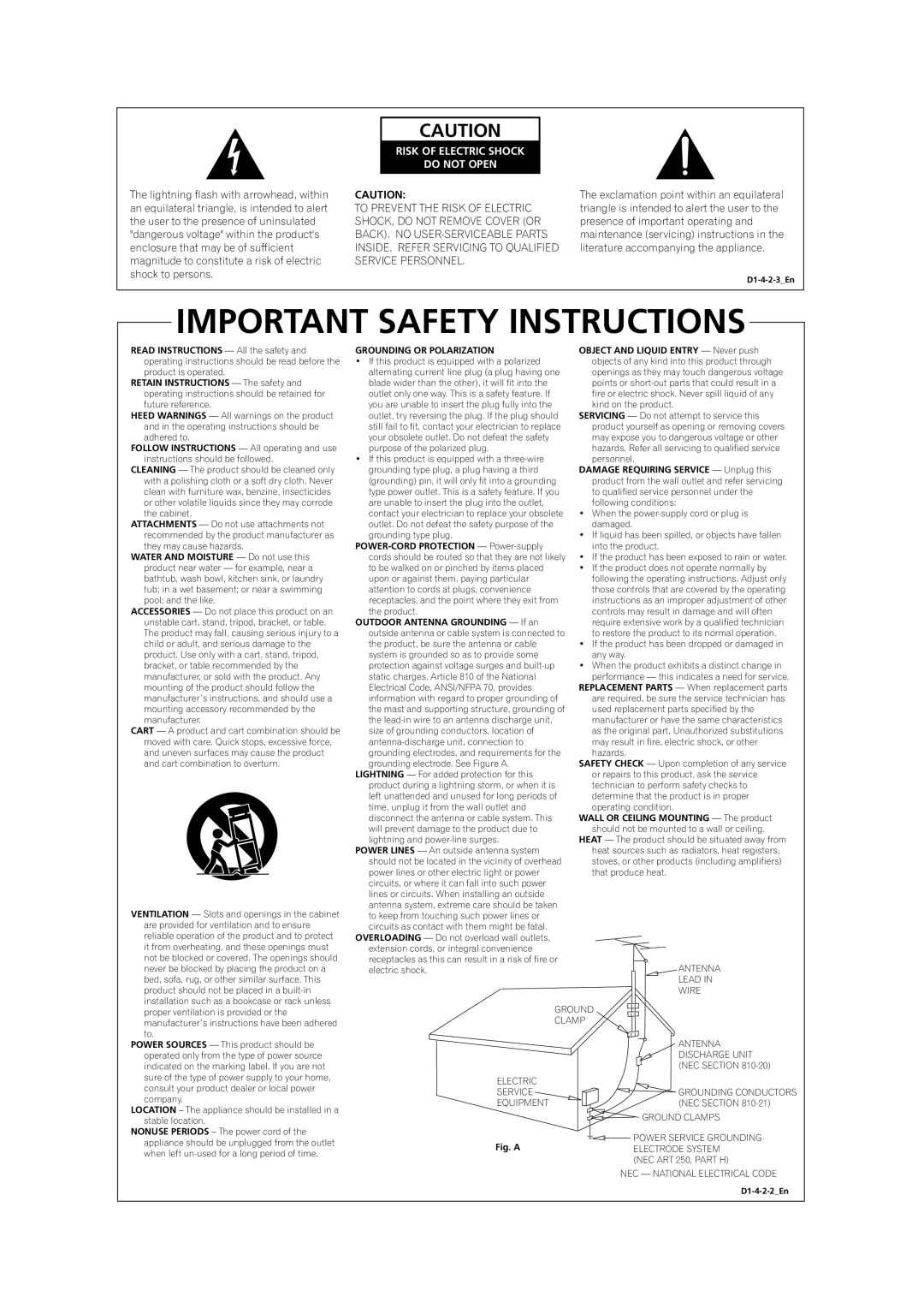 Pioneer VSX-1014TX manual Important Safety Instructions 