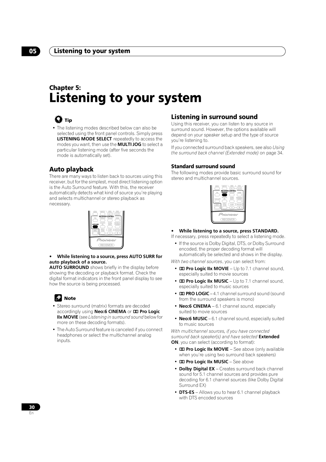 Pioneer VSX-1014TX manual Listening to your system Chapter, Listening in surround sound, Auto playback 