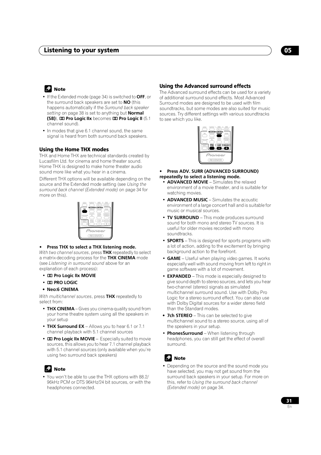 Pioneer VSX-1014TX Listening to your system, Using the Home THX modes, Using the Advanced surround effects, PRO Logic 