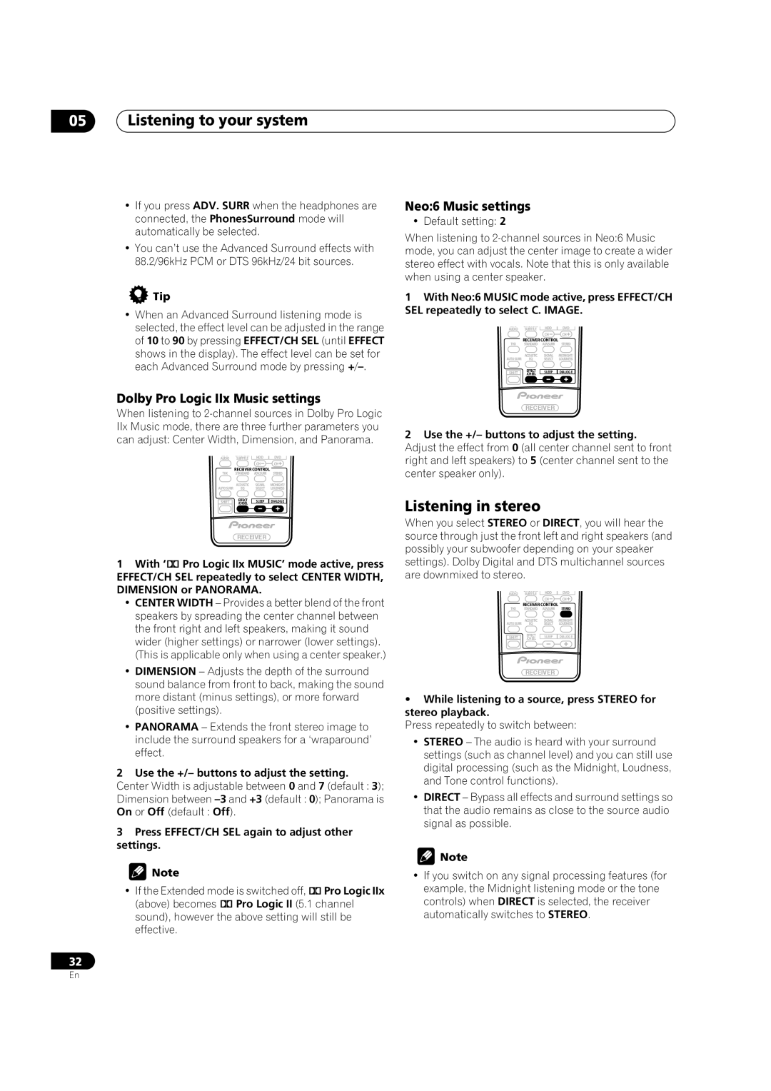 Pioneer VSX-1014TX manual Listening in stereo, Dolby Pro Logic IIx Music settings, Neo6 Music settings 