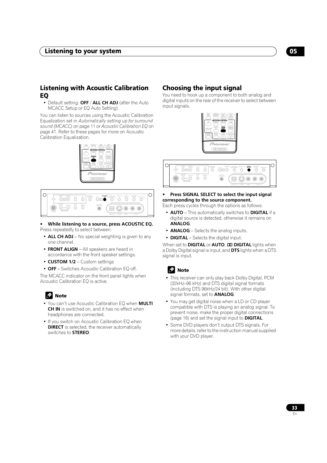 Pioneer VSX-1014TX manual Listening to your system Listening with Acoustic Calibration, Choosing the input signal 