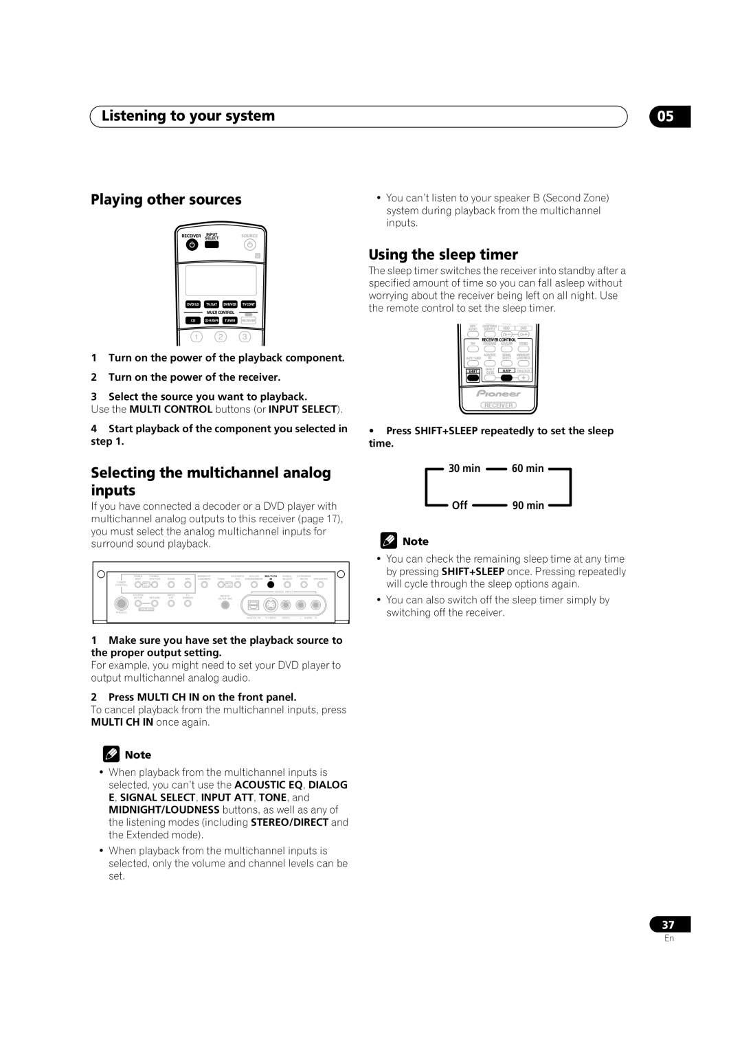 Pioneer VSX-1014TX manual Listening to your system Playing other sources, Using the sleep timer, 30 min, Off 